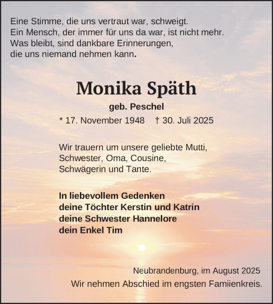 Traueranzeige von Monika Späth von Nordkurier Neubrandenburger Zeitung