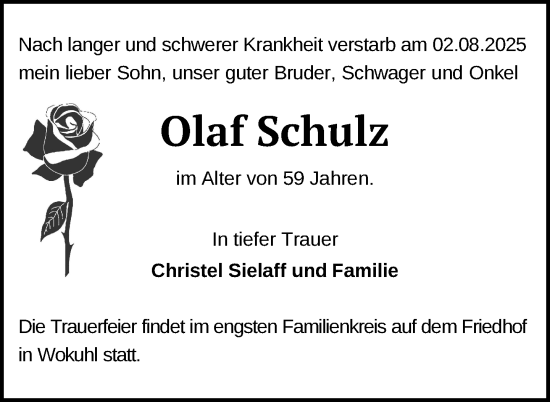 Traueranzeige von Olaf Schulz von Nordkurier Strelitzer Zeitung