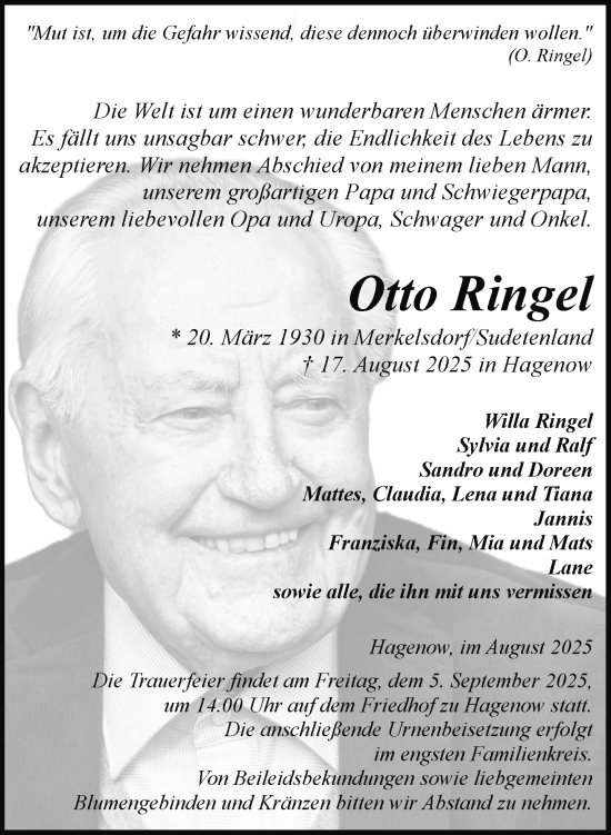 Traueranzeige von Otto Ringel von Hagenower Kreisblatt