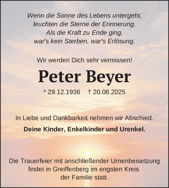 Traueranzeige von Peter Beyer von Uckermark Kurier Prenzlauer Zeitung