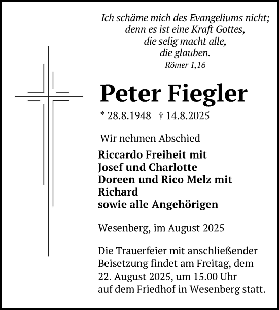 Traueranzeige von Peter Fiegler von Nordkurier Strelitzer Zeitung