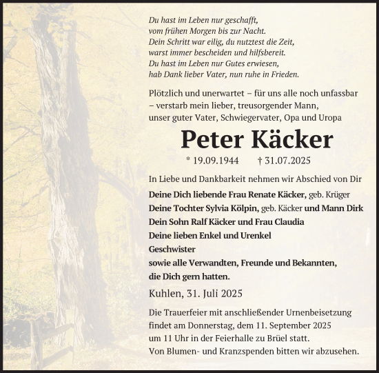 Traueranzeige von Peter Käcker von Anzeiger für Sternberg - Brüel - Warin