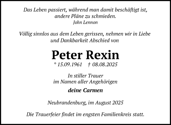 Traueranzeige von Peter Rexin von Nordkurier Neubrandenburger Zeitung