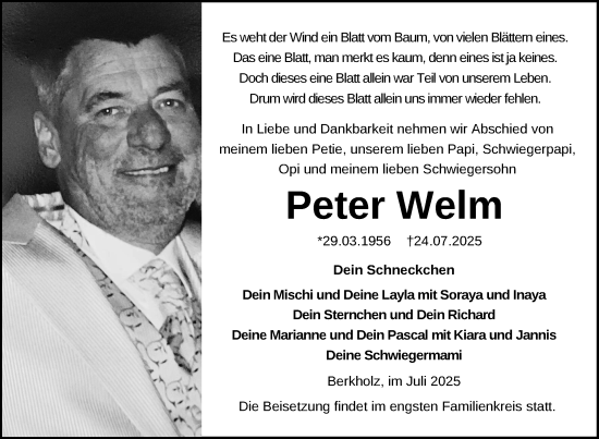 Traueranzeige von Peter Welm von Uckermark Kurier Prenzlauer Zeitung