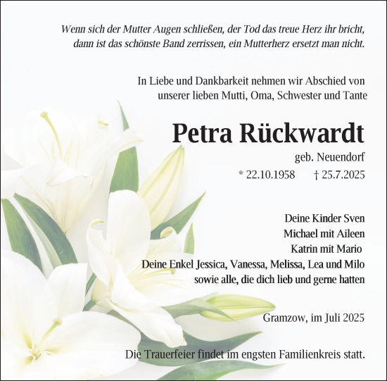 Traueranzeige von Petra Rückwardt von Uckermark Kurier Prenzlauer Zeitung