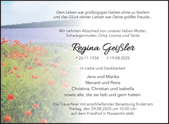 Traueranzeige von Regina Geißler von Nordkurier Müritz-Zeitung