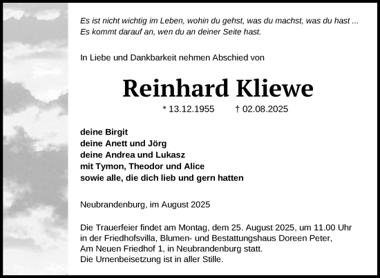 Traueranzeige von Reinhard Kliewe von Nordkurier Neubrandenburger Zeitung