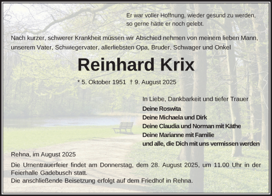 Traueranzeige von Reinhard Krix von Gadebusch - Rehnaer Zeitung