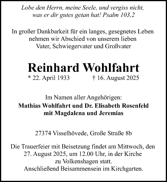 Traueranzeige von Reinhard Wohlfahrt von Norddeutsche Neueste Nachrichten