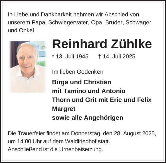 Traueranzeige von Reinhard Zühlke von Zeitung für die Landeshauptstadt