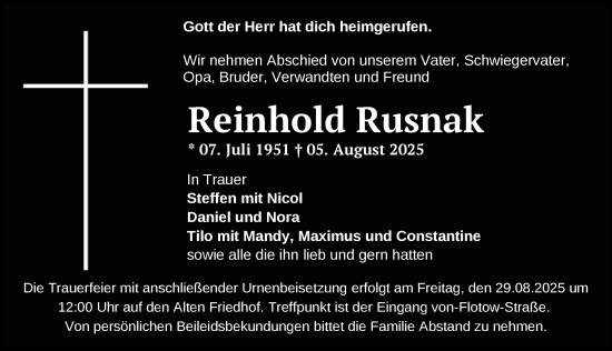 Traueranzeige von Reinhold Rusnak von Zeitung für die Landeshauptstadt