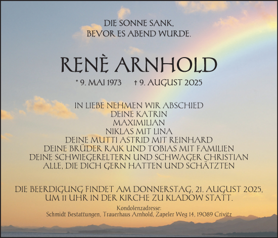 Traueranzeige von René Arnhold von Zeitung für die Landeshauptstadt