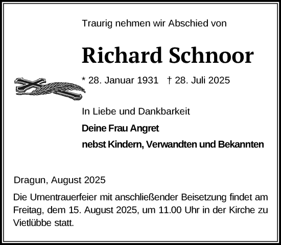 Traueranzeige von Richard Schnoor von Gadebusch - Rehnaer Zeitung