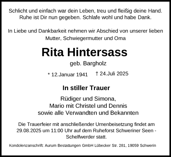 Traueranzeige von Rita Hintersass von Zeitung für die Landeshauptstadt