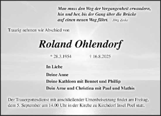 Traueranzeige von Roland Ohlendorf von Anzeiger für Sternberg - Brüel - Warin