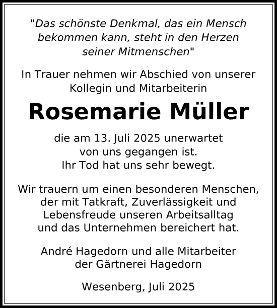 Traueranzeige von Rosemarie Müller von Nordkurier Strelitzer Zeitung