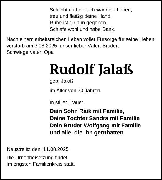 Traueranzeige von Rudolf Jalaß von Nordkurier Strelitzer Zeitung