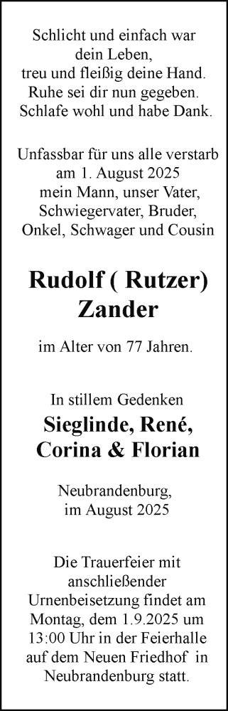 Traueranzeige von Rudolf Zander von Nordkurier Vorpommern Kurier