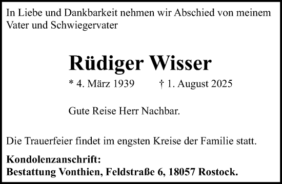 Traueranzeige von Rüdiger Wisser von Norddeutsche Neueste Nachrichten