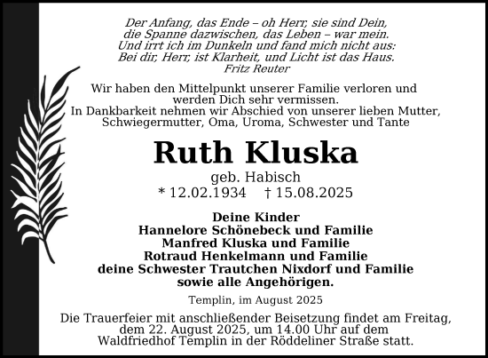 Traueranzeige von Ruth Kluska von Uckermark Kurier Templiner Zeitung