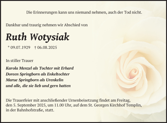 Traueranzeige von Ruth Wotysiak von Uckermark Kurier Templiner Zeitung