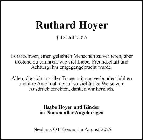 Traueranzeige von Ruthard Hoyer von Hagenower Kreisblatt