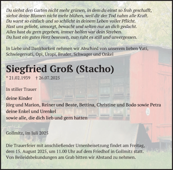 Traueranzeige von Siegfried Groß von Uckermark Kurier Prenzlauer Zeitung