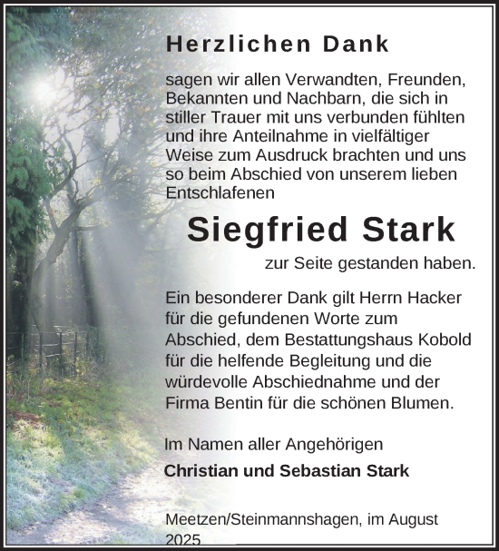 Traueranzeige von Siegfried Stark von Gadebusch - Rehnaer Zeitung