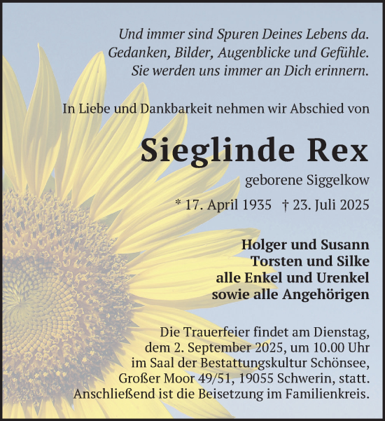 Traueranzeige von Sieglinde Rex von Zeitung für die Landeshauptstadt