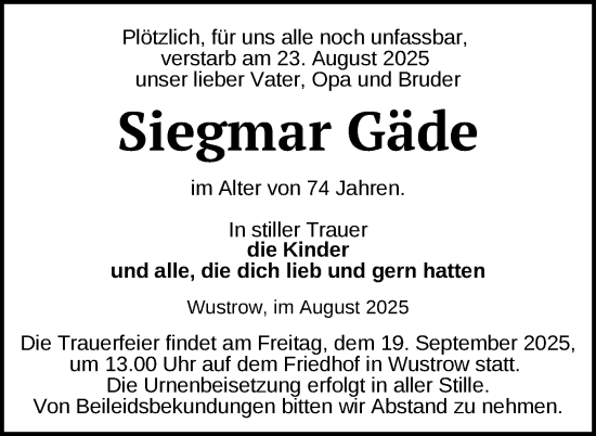 Traueranzeige von Siegmar Gäde von Nordkurier Strelitzer Zeitung