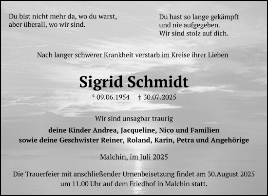 Traueranzeige von Sigrid Schmidt von Nordkurier Mecklenburger Schweiz