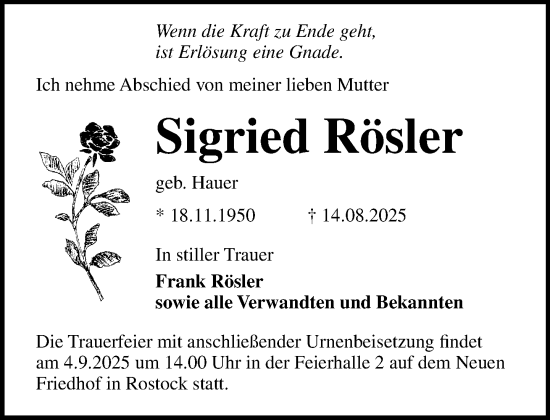 Traueranzeige von Sigried Rösler von Norddeutsche Neueste Nachrichten
