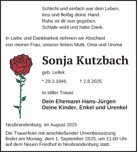 Traueranzeige von Sonja Kutzbach von Nordkurier Neubrandenburger Zeitung