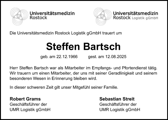 Traueranzeige von Steffen Bartsch von Norddeutsche Neueste Nachrichten