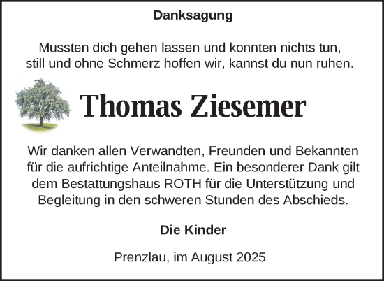 Traueranzeige von Thomas Ziesemer von Uckermark Kurier Prenzlauer Zeitung