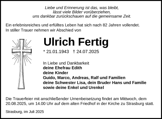 Traueranzeige von Ulrich Fertig von Nordkurier Pasewalker Zeitung