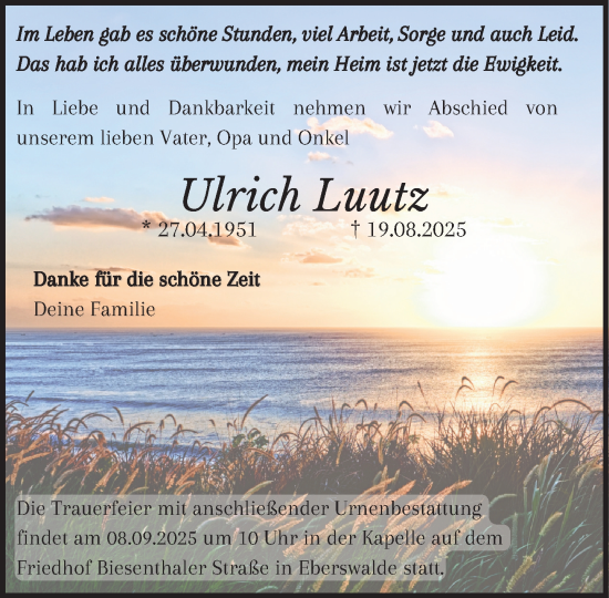 Traueranzeige von Ulrich Luutz von Norddeutsche Neueste Nachrichten