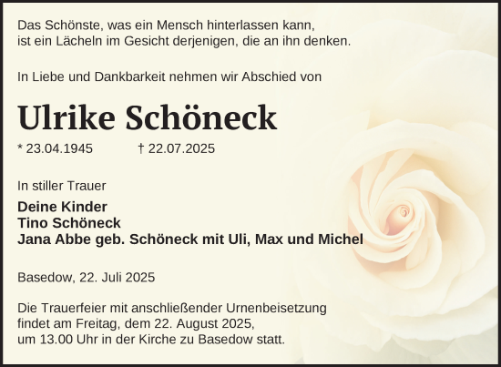 Traueranzeige von Ulrike Schöneck von Nordkurier Mecklenburger Schweiz
