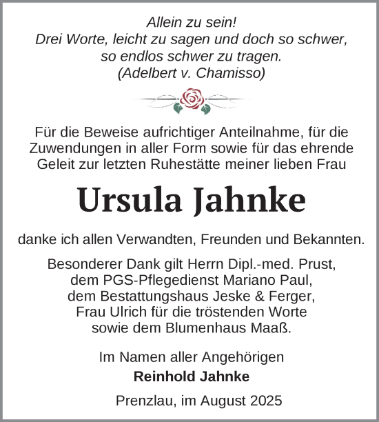 Traueranzeige von Ursula Jahnke von Uckermark Kurier Prenzlauer Zeitung