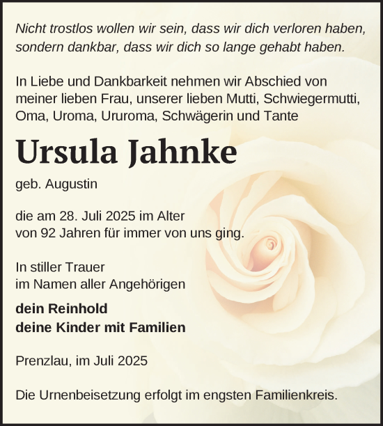 Traueranzeige von Ursula Jahnke von Uckermark Kurier Prenzlauer Zeitung
