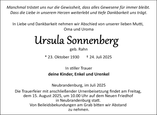 Traueranzeige von Ursula Sonnenberg von Nordkurier Neubrandenburger Zeitung