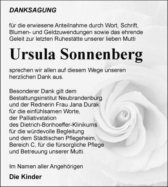 Traueranzeige von Ursula Sonnenberg von Nordkurier Neubrandenburger Zeitung