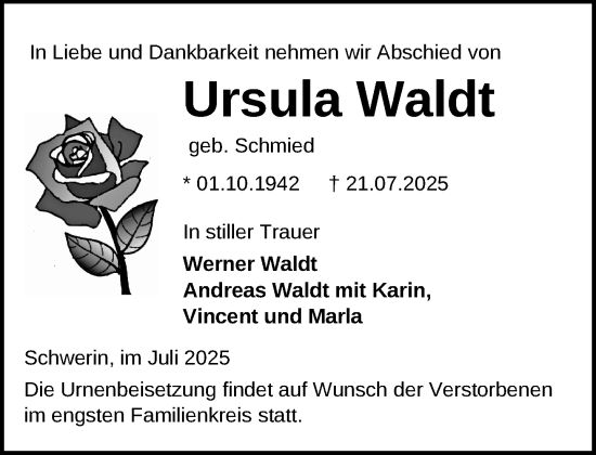 Traueranzeige von Ursula Waldt von Zeitung für die Landeshauptstadt