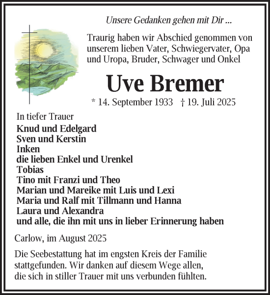 Traueranzeige von Uve Bremer von Gadebusch - Rehnaer Zeitung