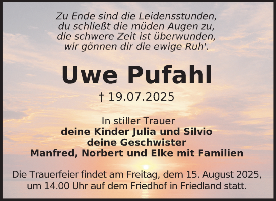 Traueranzeige von Uwe Pufahl von Nordkurier Neubrandenburger Zeitung