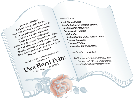 Traueranzeige von Uwe Horst Peltz von Nordkurier Müritz-Zeitung