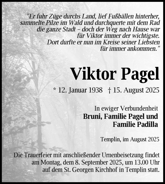 Traueranzeige von Viktor Pagel von Uckermark Kurier Templiner Zeitung