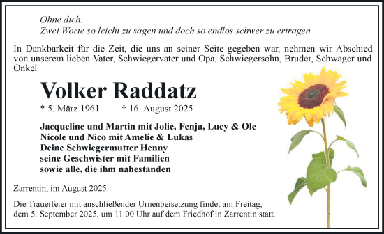 Traueranzeige von Volker Raddatz von Hagenower Kreisblatt