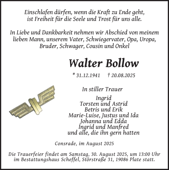 Traueranzeige von Walter Bollow von Zeitung für die Landeshauptstadt