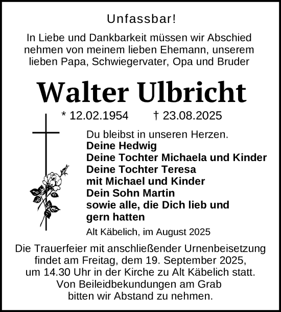 Traueranzeige von Walter Ulbricht von Nordkurier Strelitzer Zeitung